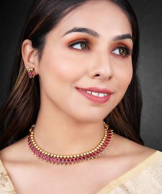 Rani pink necklace stud earrings set ethnic fashion jewellery for women 1