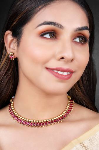 Rani pink necklace stud earrings set ethnic fashion jewellery for women
