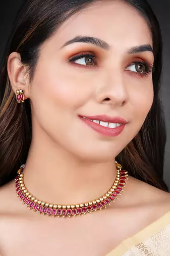 Rani pink necklace stud earrings set ethnic fashion jewellery for women