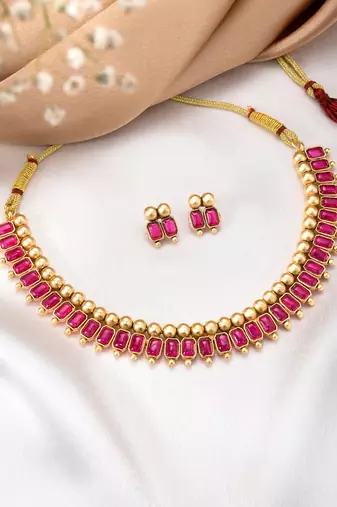 Rani pink necklace stud earrings set ethnic fashion jewellery for women