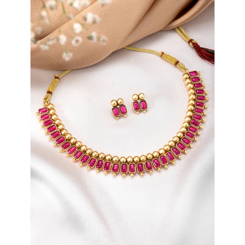Rani pink necklace stud earrings set ethnic fashion jewellery for women