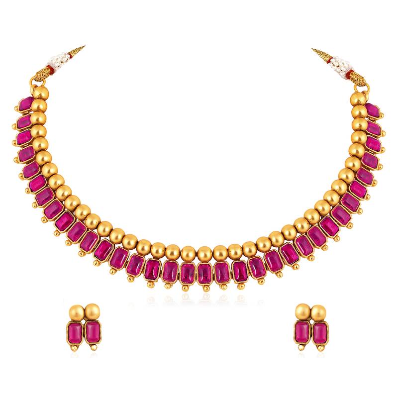 Rani pink necklace stud earrings set ethnic fashion jewellery for women