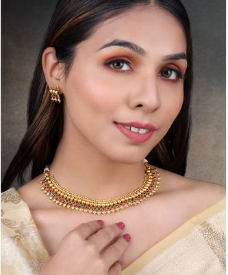 Red green necklace stud earrings set ethnic fashion jewellery for women 1