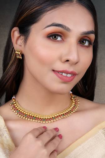 Red green necklace stud earrings set ethnic fashion jewellery for women