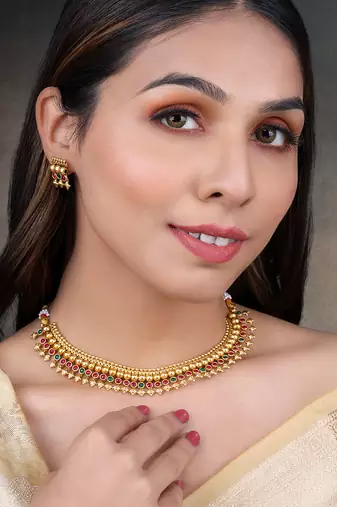 Red green necklace stud earrings set ethnic fashion jewellery for women