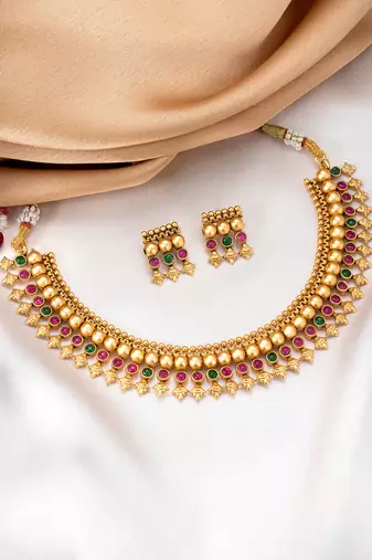 Red green necklace stud earrings set ethnic fashion jewellery for women