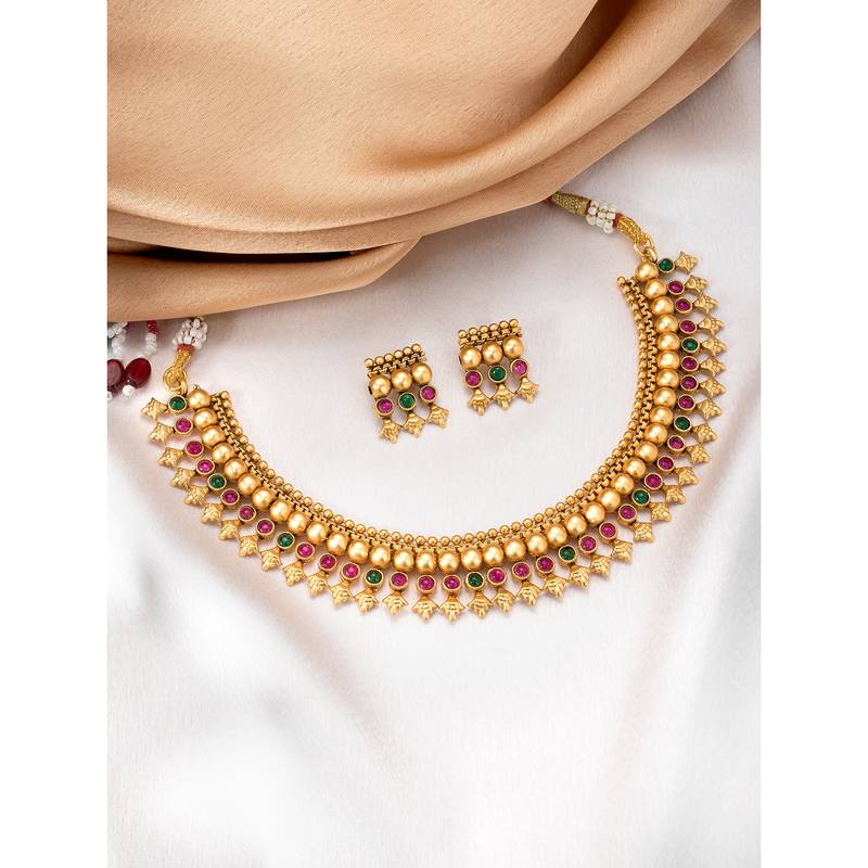 Red green necklace stud earrings set ethnic fashion jewellery for women