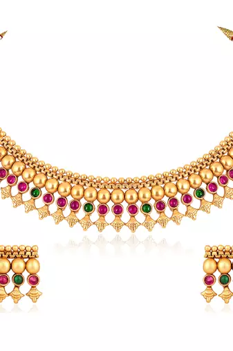 Red green necklace stud earrings set ethnic fashion jewellery for women