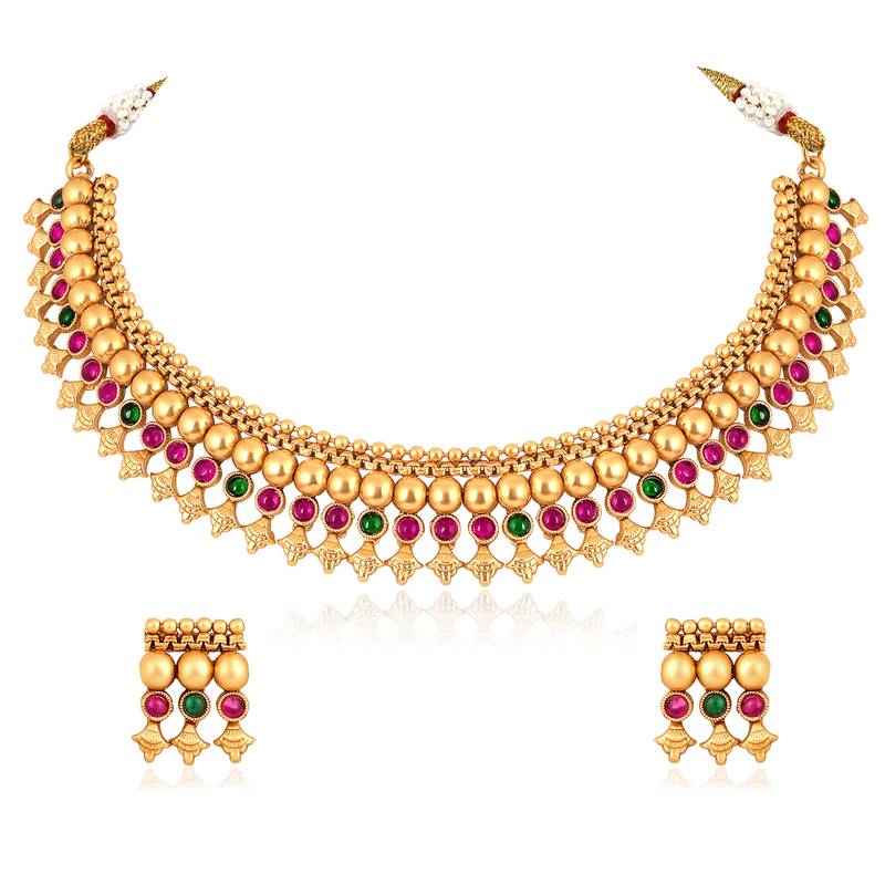 Red green necklace stud earrings set ethnic fashion jewellery for women