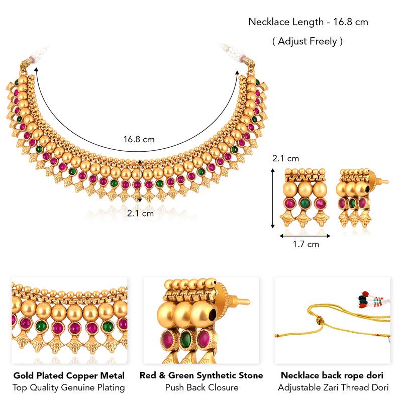 Red green necklace stud earrings set ethnic fashion jewellery for women