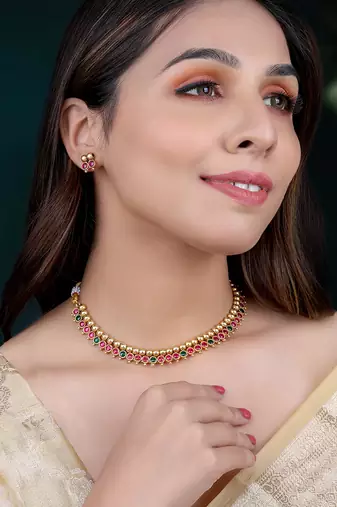 Red green necklace stud earrings set ethnic fashion jewellery for women