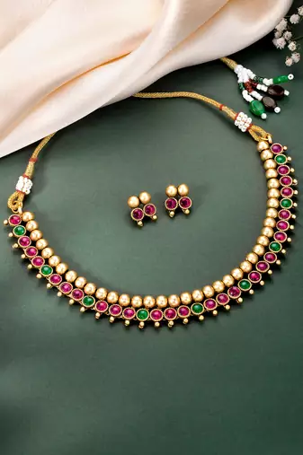 Red green necklace stud earrings set ethnic fashion jewellery for women