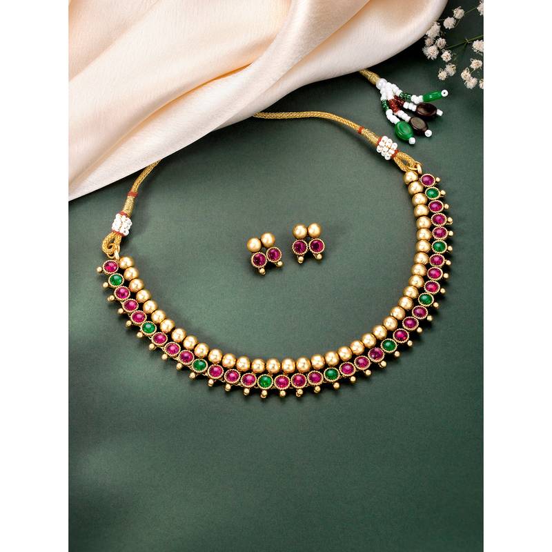 Red green necklace stud earrings set ethnic fashion jewellery for women