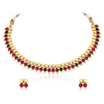 Red green necklace stud earrings set ethnic fashion jewellery for women 3