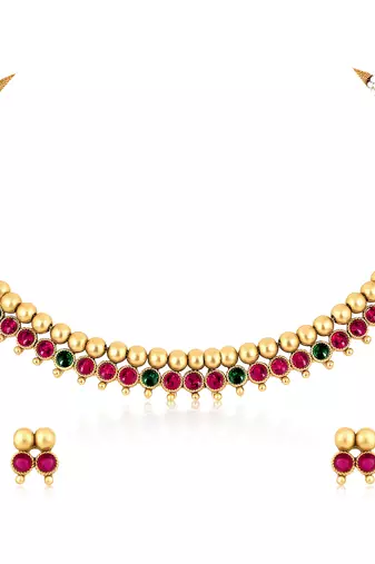 Red green necklace stud earrings set ethnic fashion jewellery for women