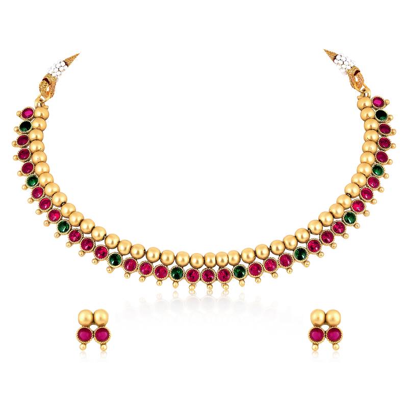 Red green necklace stud earrings set ethnic fashion jewellery for women