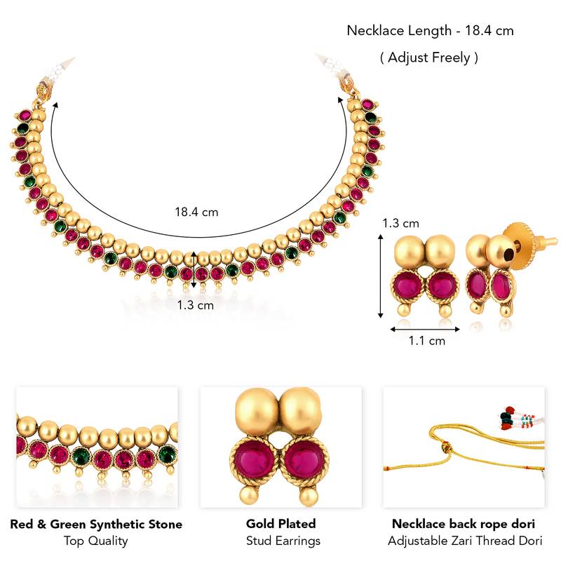 Red green necklace stud earrings set ethnic fashion jewellery for women