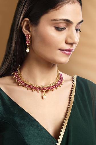 Rani pink necklace drop earrings set ethnic fashion jewellery for women