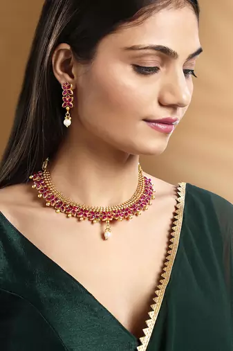 Rani pink necklace drop earrings set ethnic fashion jewellery for women