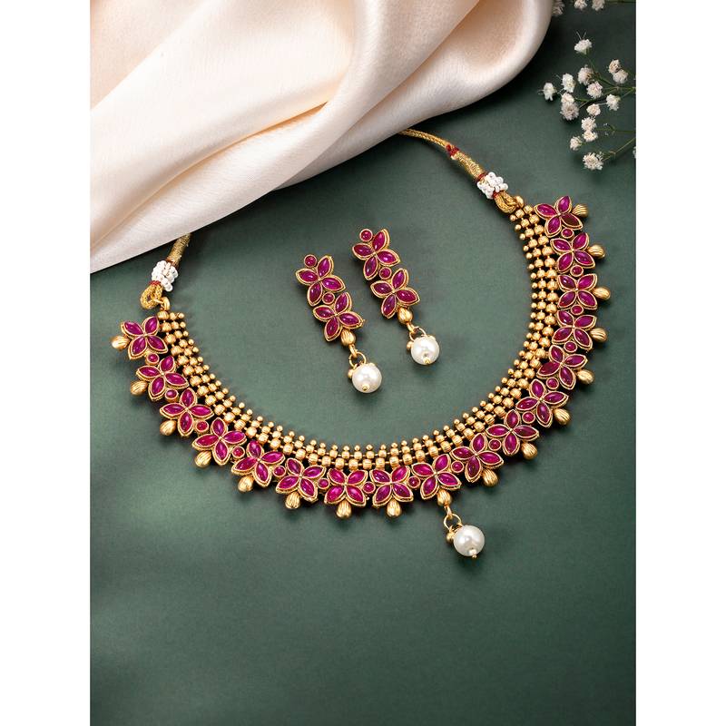 Rani pink necklace drop earrings set ethnic fashion jewellery for women