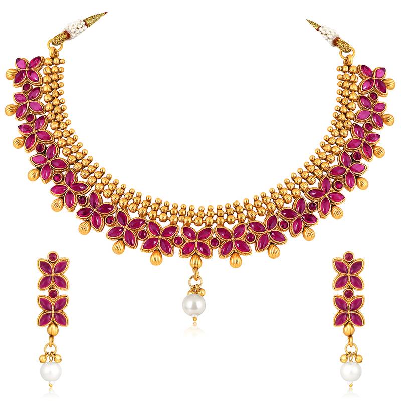Rani pink necklace drop earrings set ethnic fashion jewellery for women
