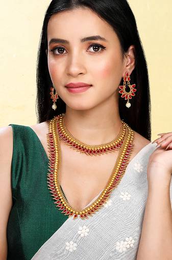 Rani pink short long necklace with dangle earrings south indian jewellery set for women