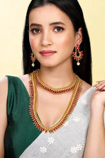 Rani pink short long necklace with dangle earrings south indian jewellery set for women