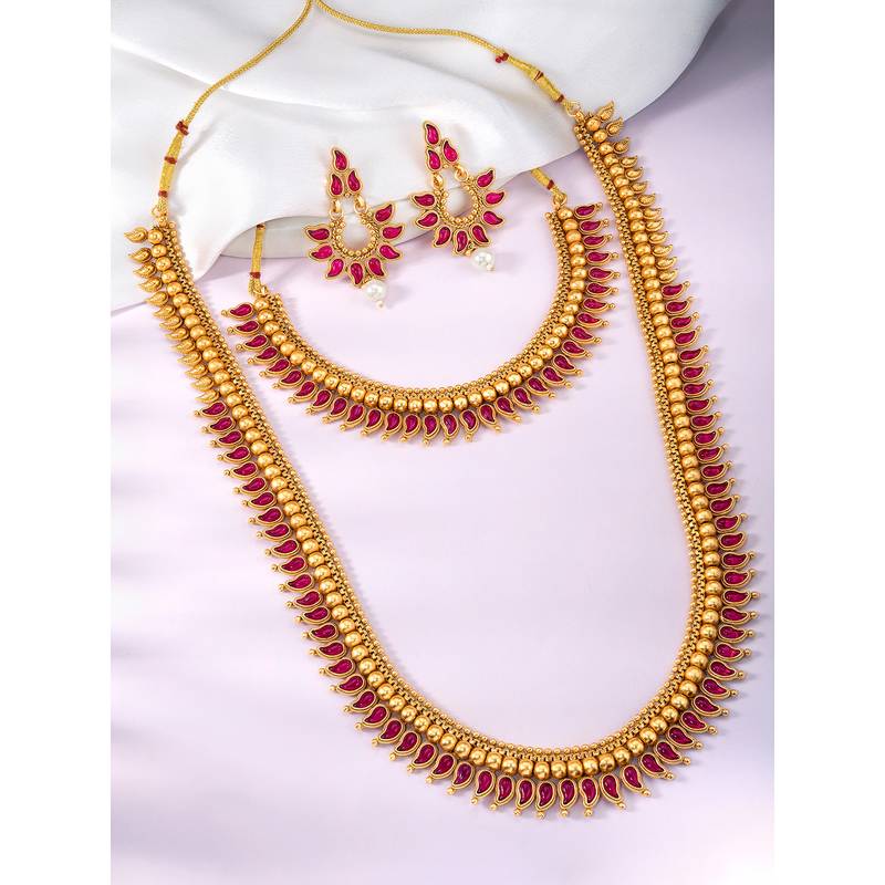 Rani pink short long necklace with dangle earrings south indian jewellery set for women