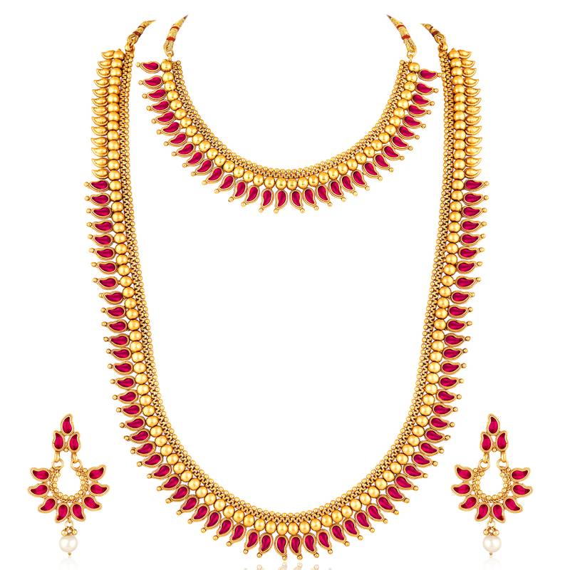 Rani pink short long necklace with dangle earrings south indian jewellery set for women