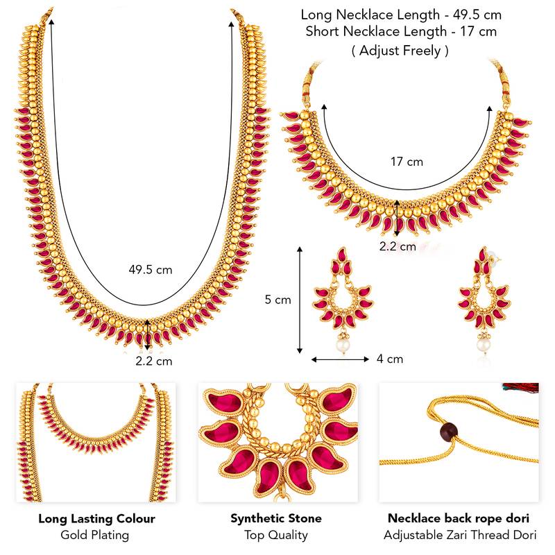 Rani pink short long necklace with dangle earrings south indian jewellery set for women