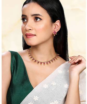Rani pink necklace stud earrings jewellery set for women 1