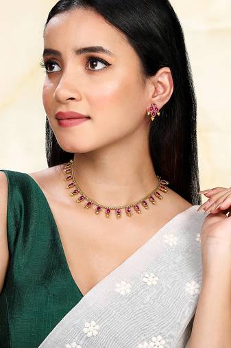 Rani pink necklace stud earrings jewellery set for women