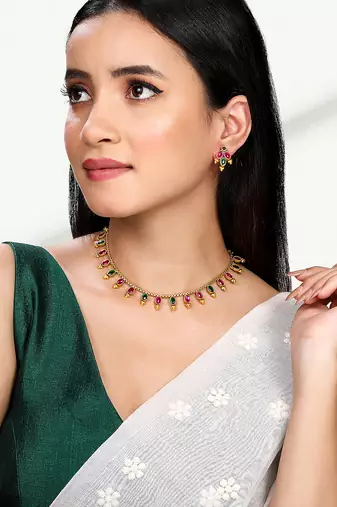 Rani pink green necklace earrings set ethnic jewellery gift for women