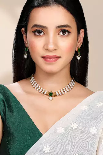 White green necklace earrings set ethnic jewellery gift for women