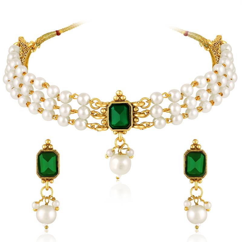 White green necklace earrings set ethnic jewellery gift for women