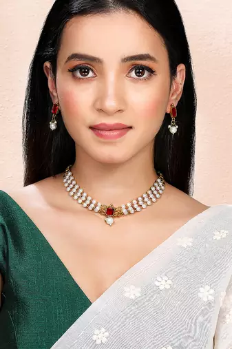 White maroon necklace drop earrings jewellery set for women