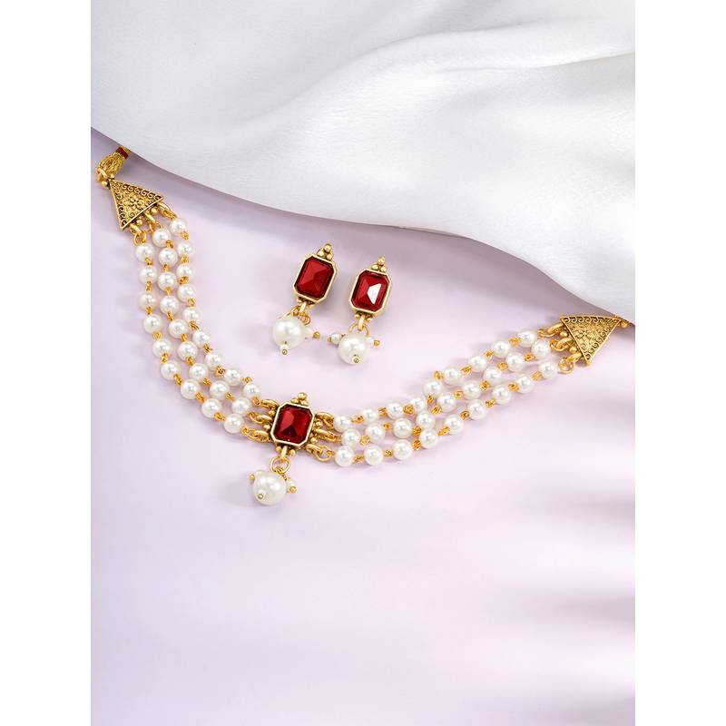White maroon necklace drop earrings jewellery set for women