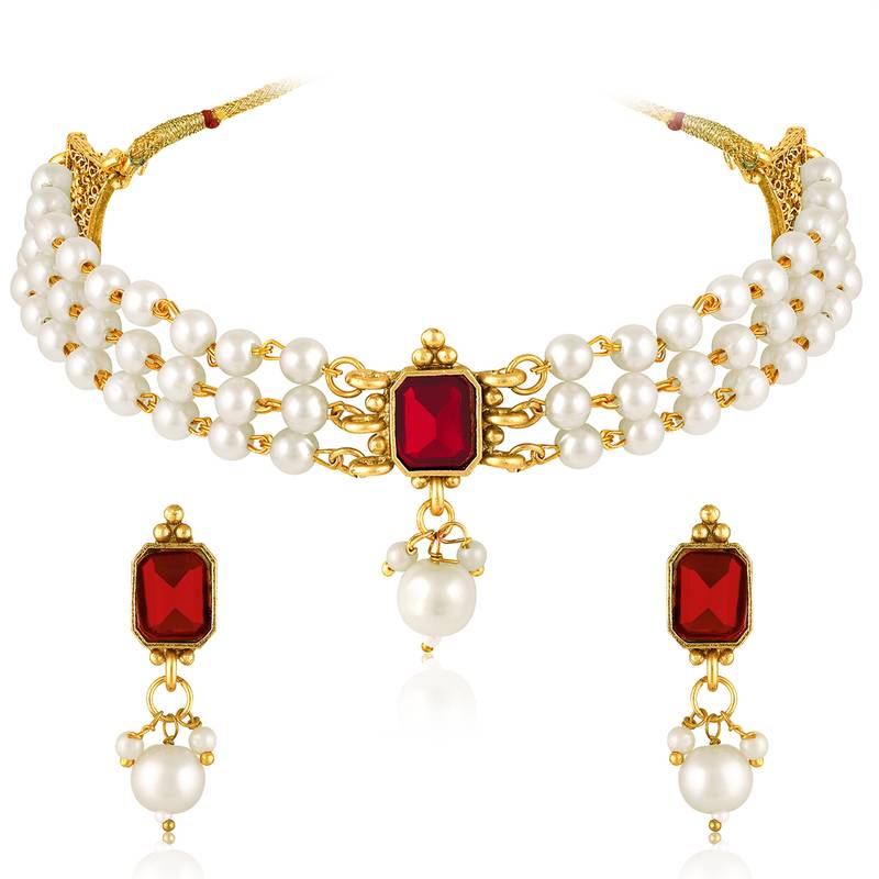 White maroon necklace drop earrings jewellery set for women
