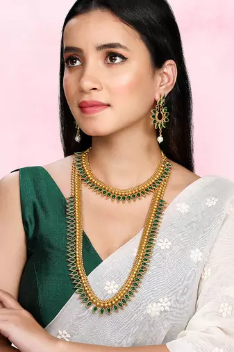 Green long necklace with choker earrings set ethnic jewellery gift for women