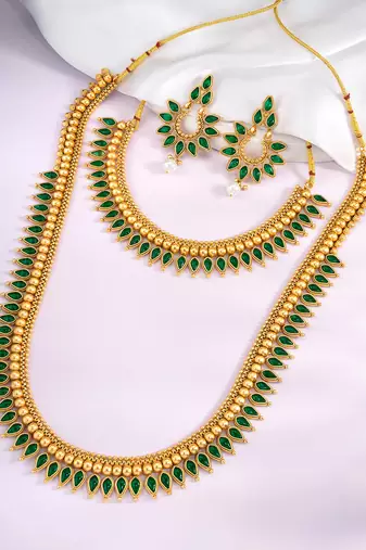 Green long necklace with choker earrings set ethnic jewellery gift for women