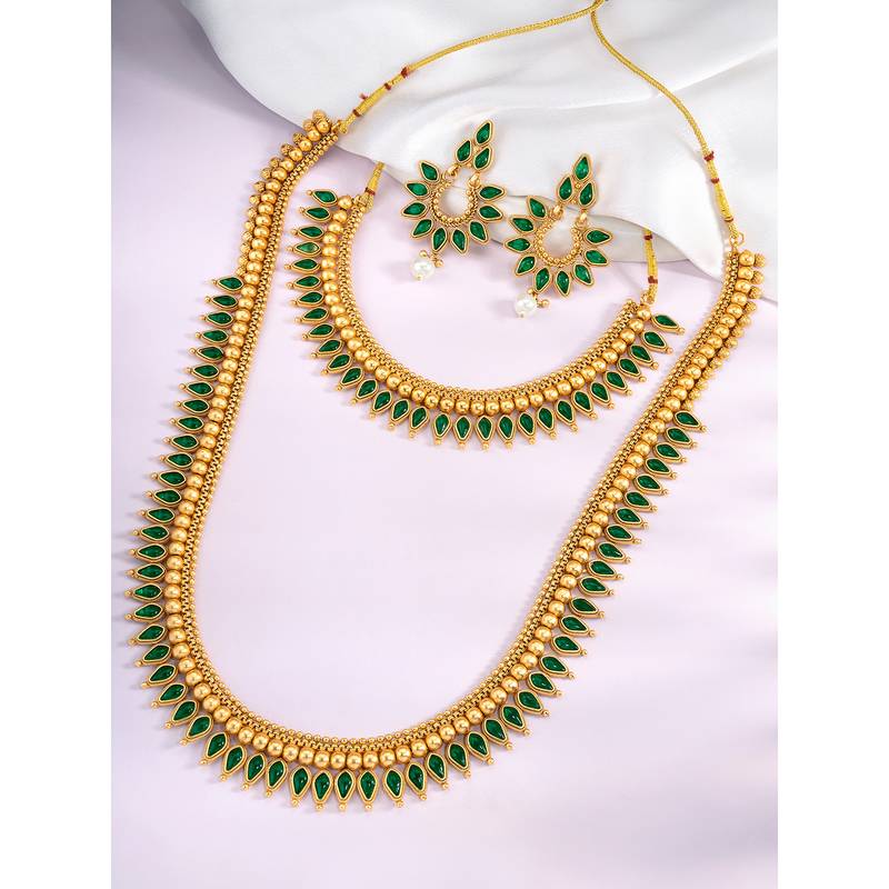 Green long necklace with choker earrings set ethnic jewellery gift for women