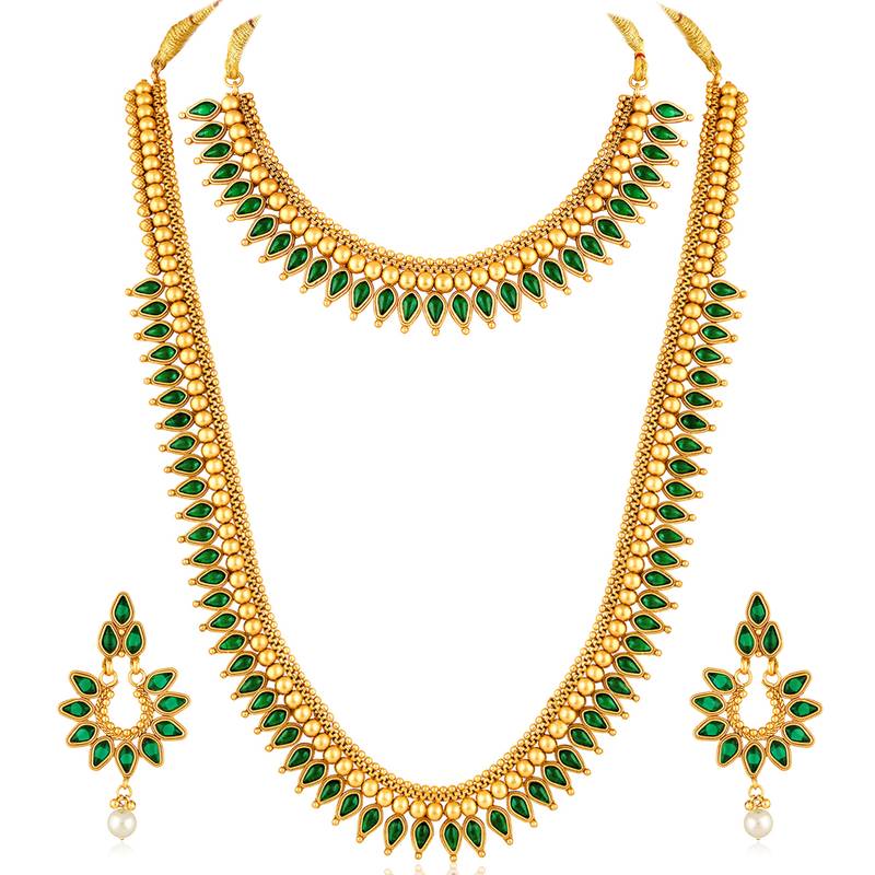 Green long necklace with choker earrings set ethnic jewellery gift for women