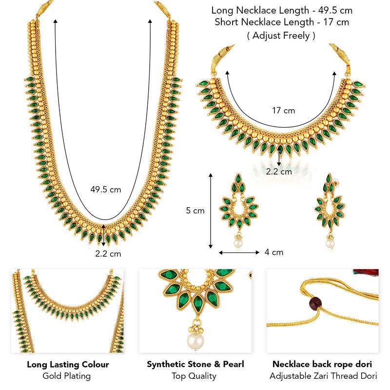 Green long necklace with choker earrings set ethnic jewellery gift for women