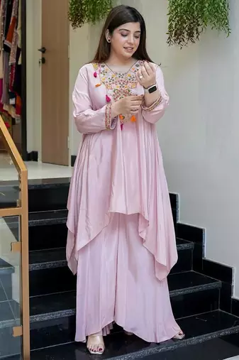 Women's Gorgeous Embroidery Work French Crepe Fabric Flared Kurta Palazzo Set