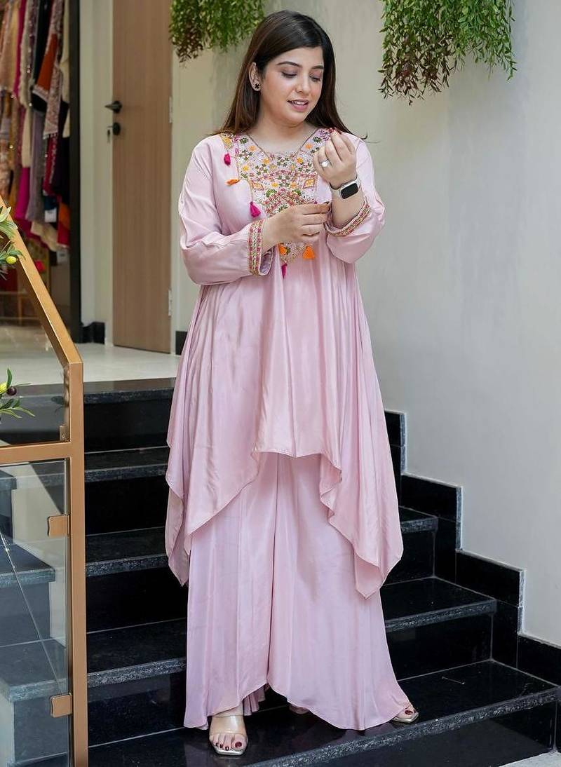Women's Gorgeous Embroidery Work French Crepe Fabric Flared Kurta Palazzo Set