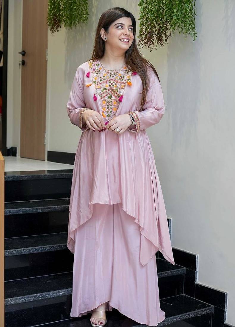 Women's Gorgeous Embroidery Work French Crepe Fabric Flared Kurta Palazzo Set