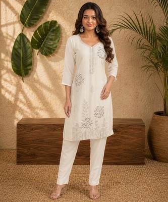 White faux georgette beads embroidery straight semi stitched suit 1
