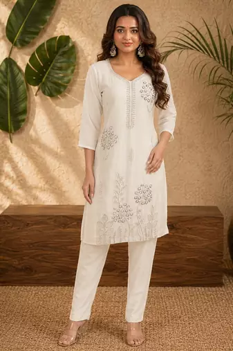 White faux georgette beads embroidery straight semi stitched suit