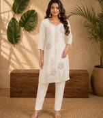 White faux georgette beads embroidery straight semi stitched suit