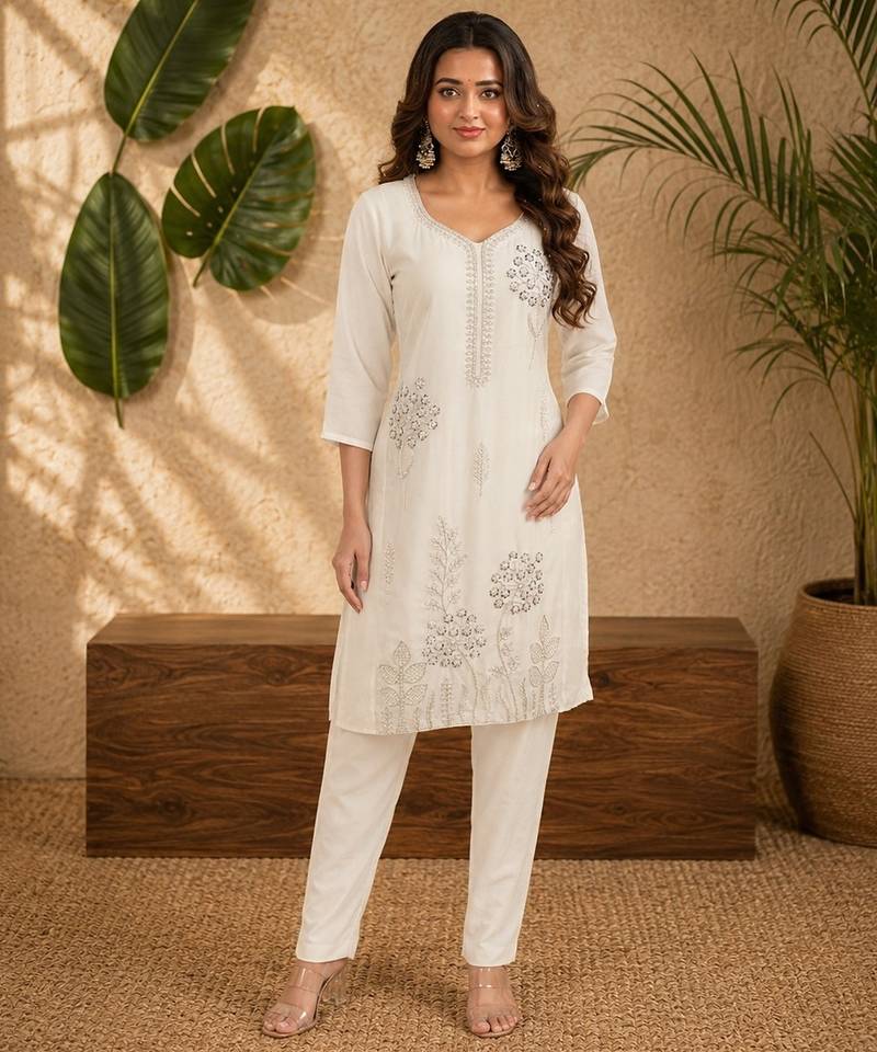 White faux georgette beads embroidery straight semi stitched suit